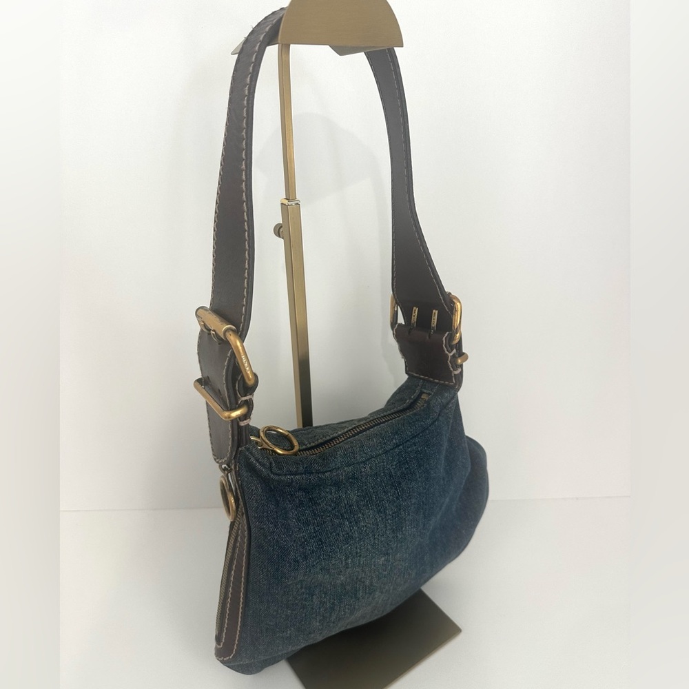 Fendi Oyster Denim Shoulder Bag with Brown Leather Accents